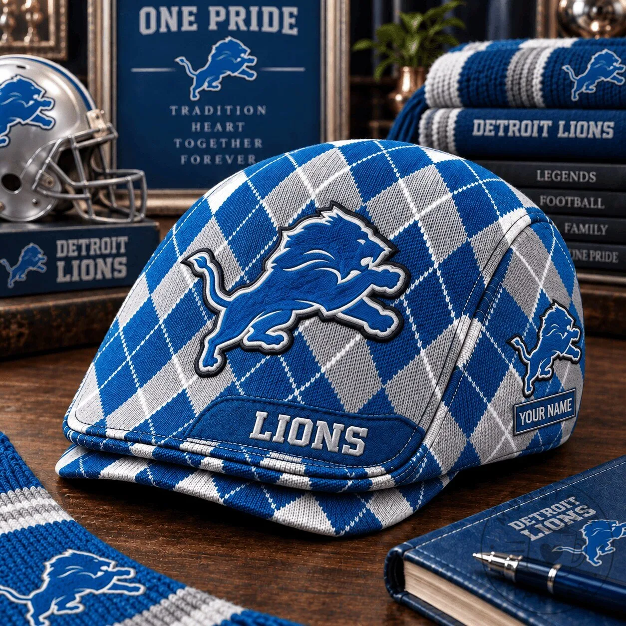Detroit Lions Fan Custom Name Argyle Flat Cap Hat 1 Detroit Lions Fan Custom Name Argyle Flat Cap Hat