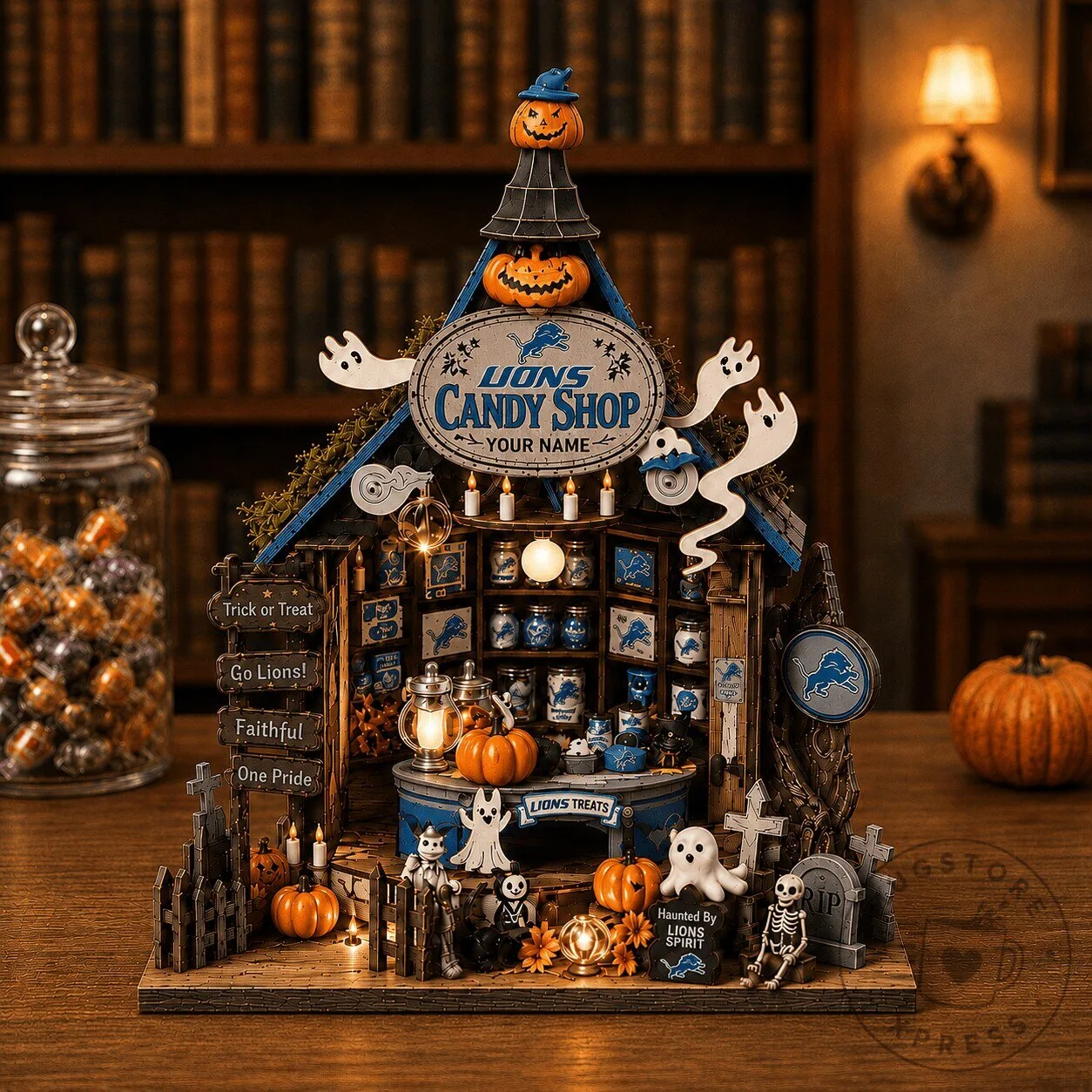 Detroit Lions Fan Halloween Candy Shop Wooden Block Decor