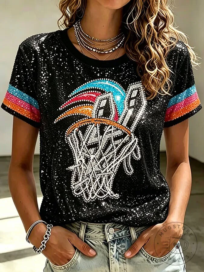 Women's Basketball Fan Shirt with Sequins and Striped Sleeves