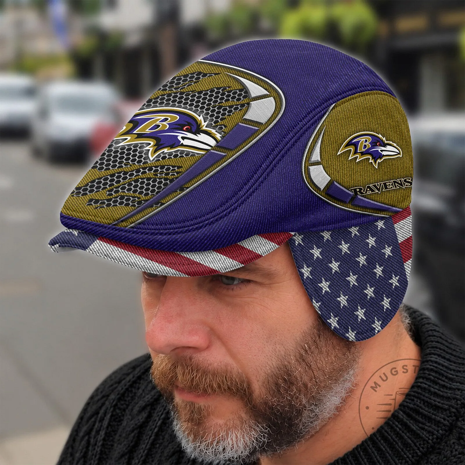 Baltimore Ravens American Flag Flat Cap with Foldable Ear Flaps