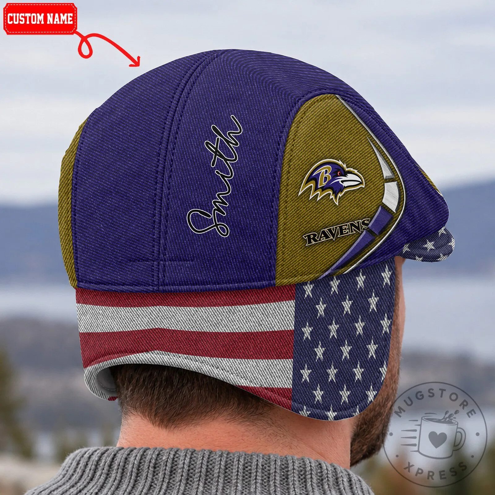 Baltimore Ravens American Flag Flat Cap with Foldable Ear Flaps 12 Baltimore Ravens American Flag Flat Cap with Foldable Ear Flaps
