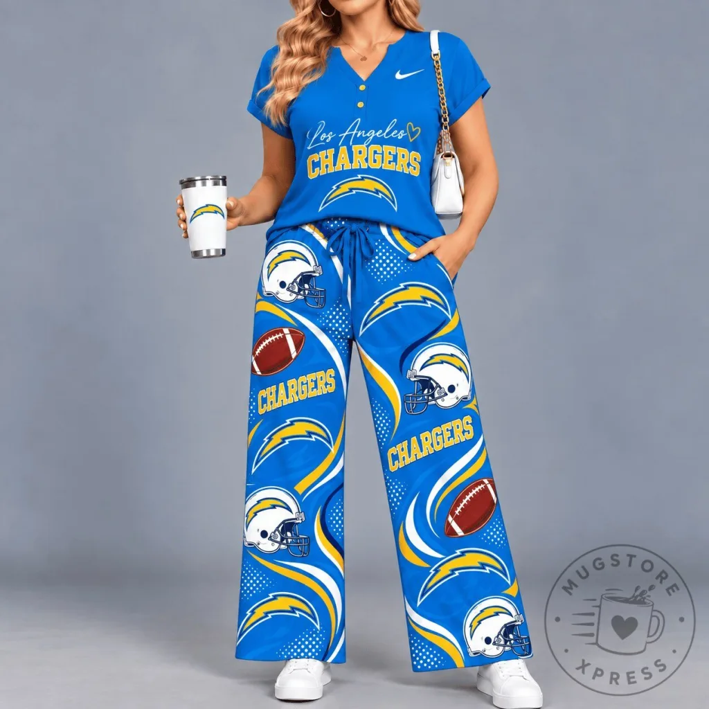 Los Angeles Chargers Football Team Women's V-Neck Shirt and Wide Leg Pants Set Los Angeles Chargers Football Team Women's V-Neck Shirt and Wide Leg Pants Set