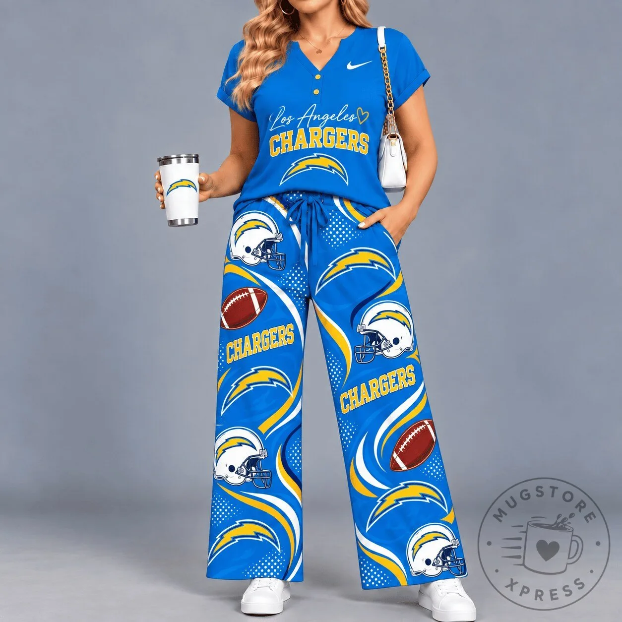 Los Angeles Chargers Football Team Women's V-Neck Shirt and Wide Leg Pants Set 1 Los Angeles Chargers Football Team Women's V-Neck Shirt and Wide Leg Pants Set
