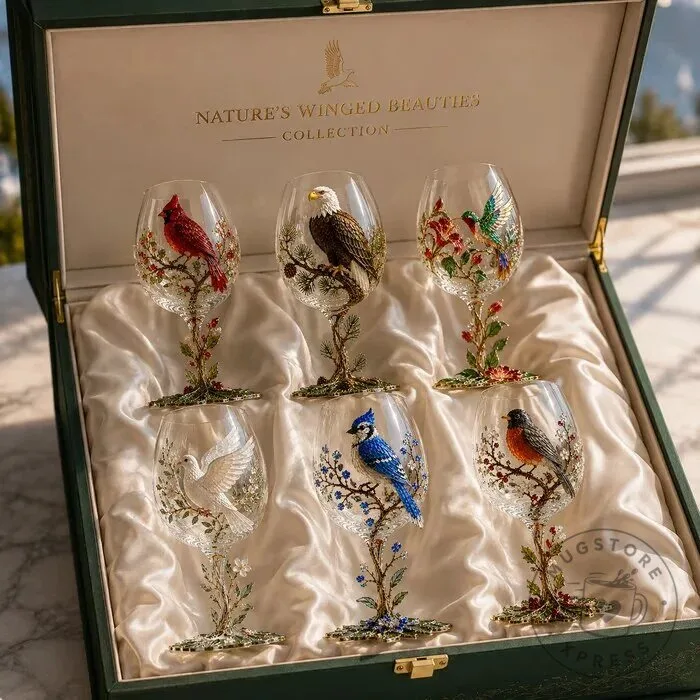 Nature's Winged Beauties Hand-Painted Bird Wine Glass Collection Set