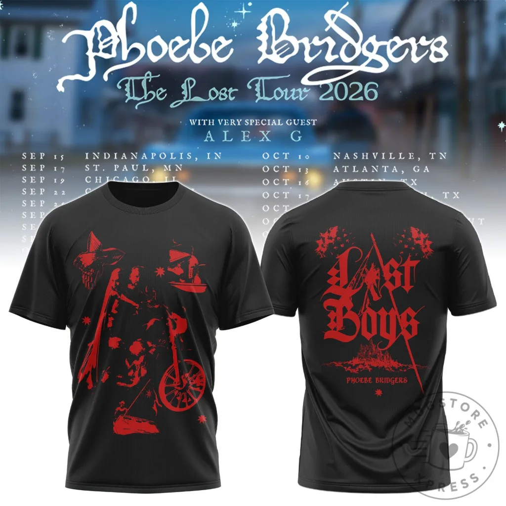 Black T-Shirt featuring Concert Dates for Phoebe Bridgers' The Lost Tour 2026 Black T-Shirt featuring Concert Dates for Phoebe Bridgers' The Lost Tour 2026