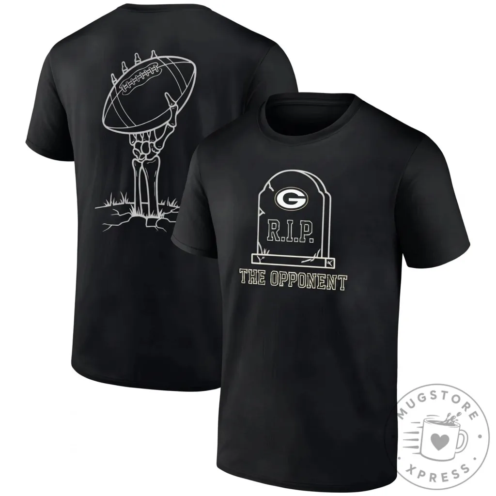 Black T-Shirt featuring a Halloween Skeleton Football Tombstone for Green Bay Packers Fans 1 Black T-Shirt featuring a Halloween Skeleton Football Tombstone for Green Bay Packers Fans