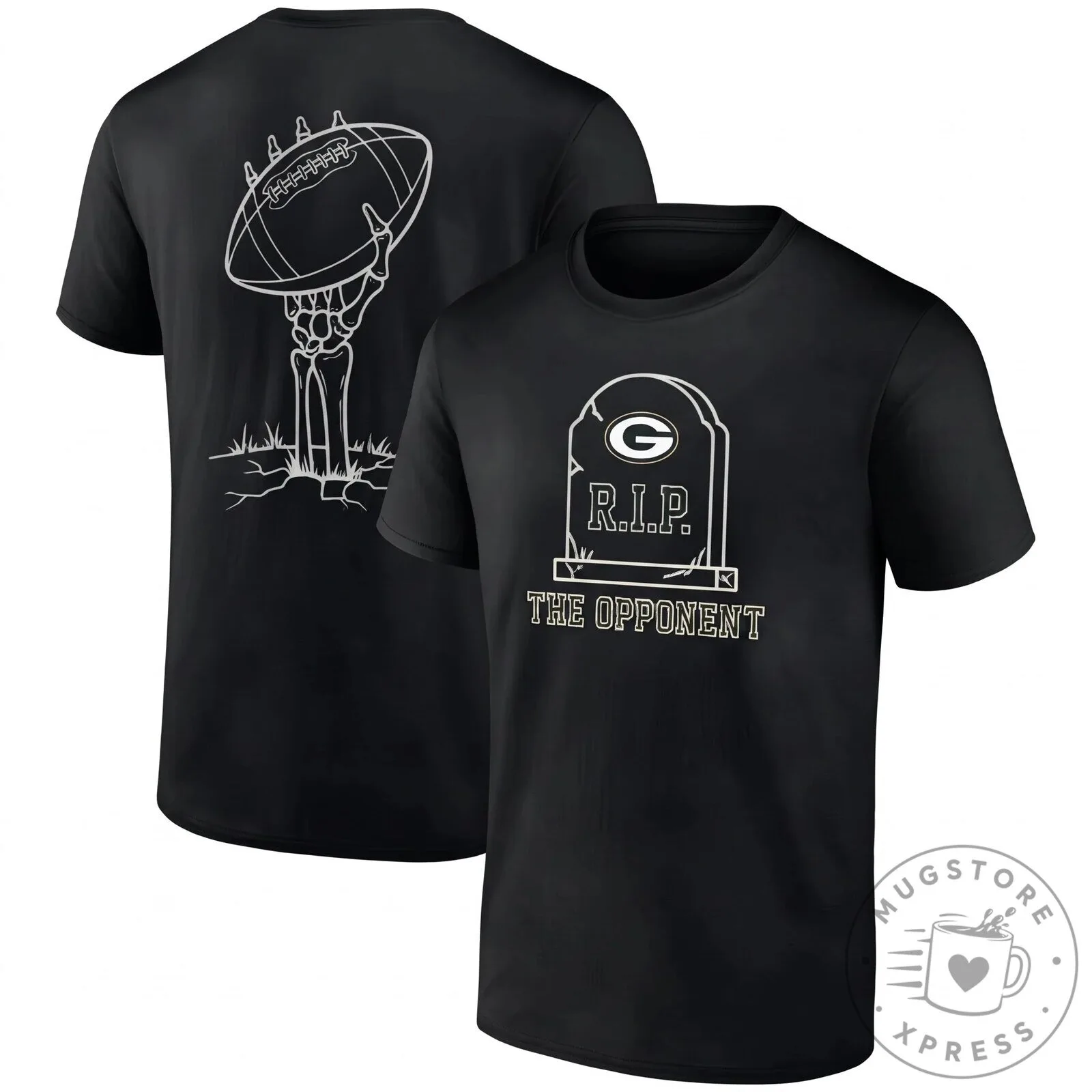 Black T-Shirt featuring a Halloween Skeleton Football Tombstone for Green Bay Packers Fans