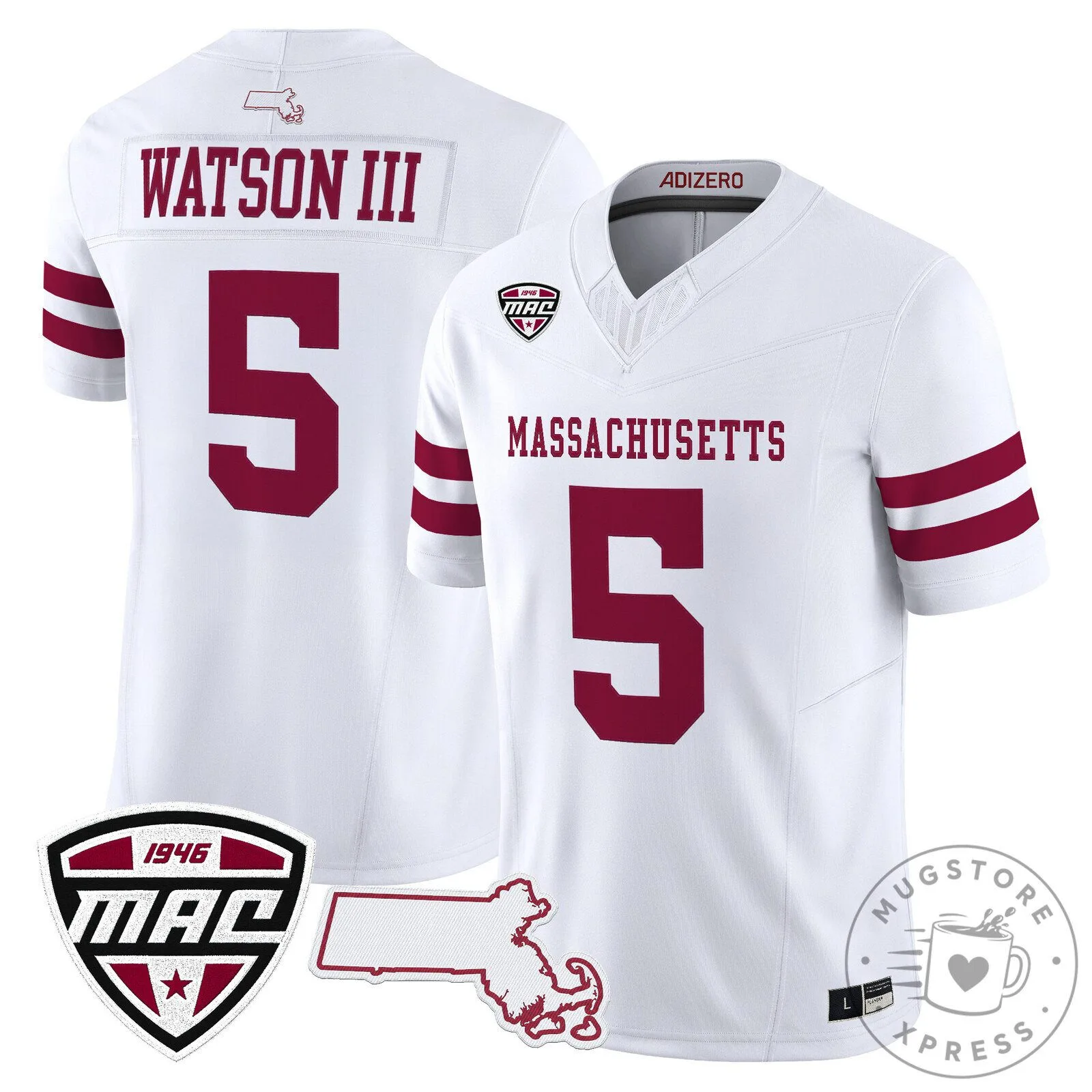 Massachusetts Minutemen Football Team Watson III Number 5 White Jersey