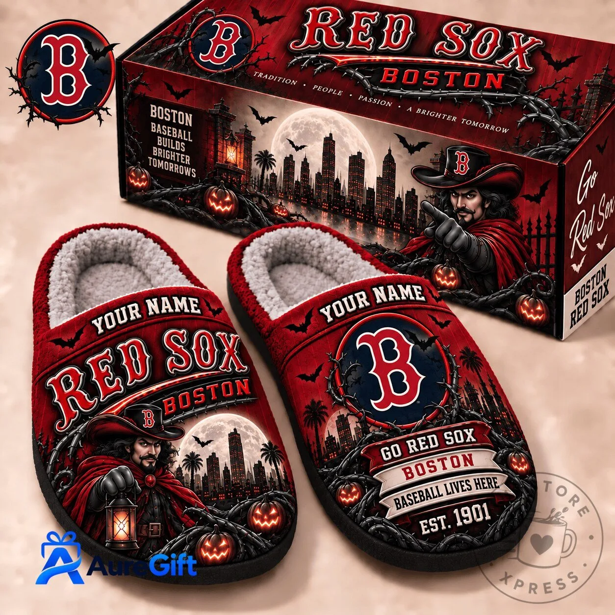 Boston Red Sox Halloween Vampire Personalized Baseball Team Cozy Slippers