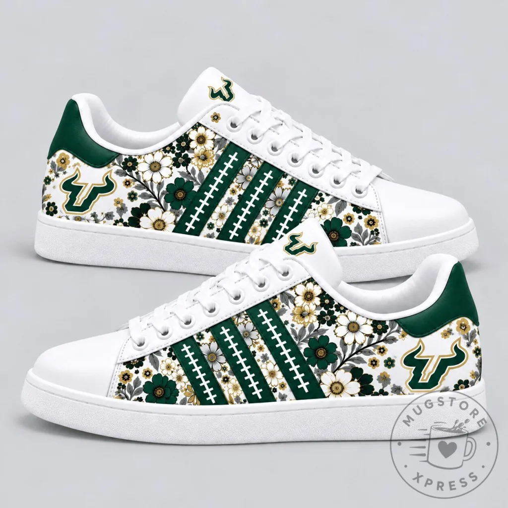 South Florida Bulls NCAA Floral Pattern White Sneakers South Florida Bulls NCAA Floral Pattern White Sneakers