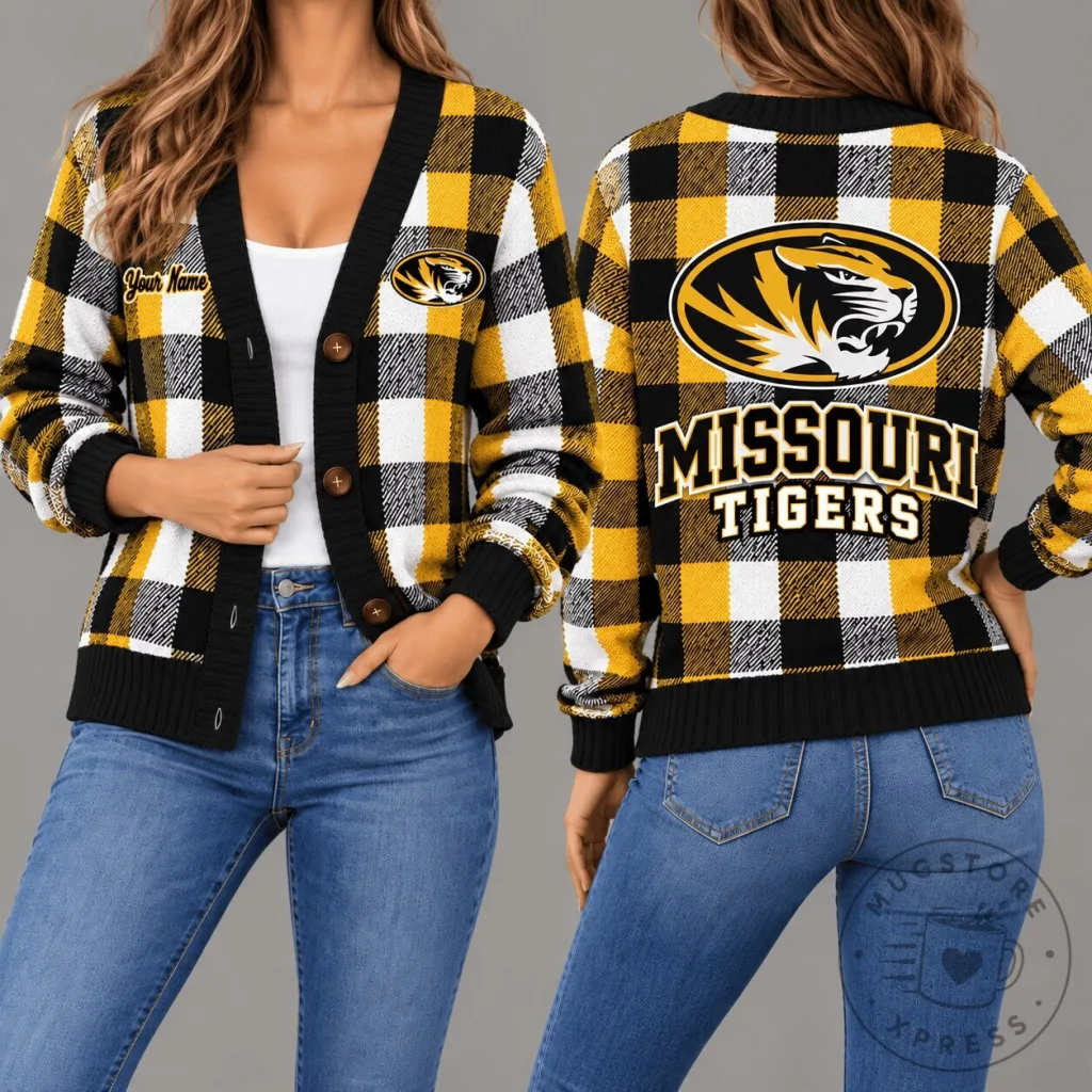 Missouri Tigers Plaid Pattern Custom Name Cardigan Sweater Missouri Tigers Plaid Pattern Custom Name Cardigan Sweater