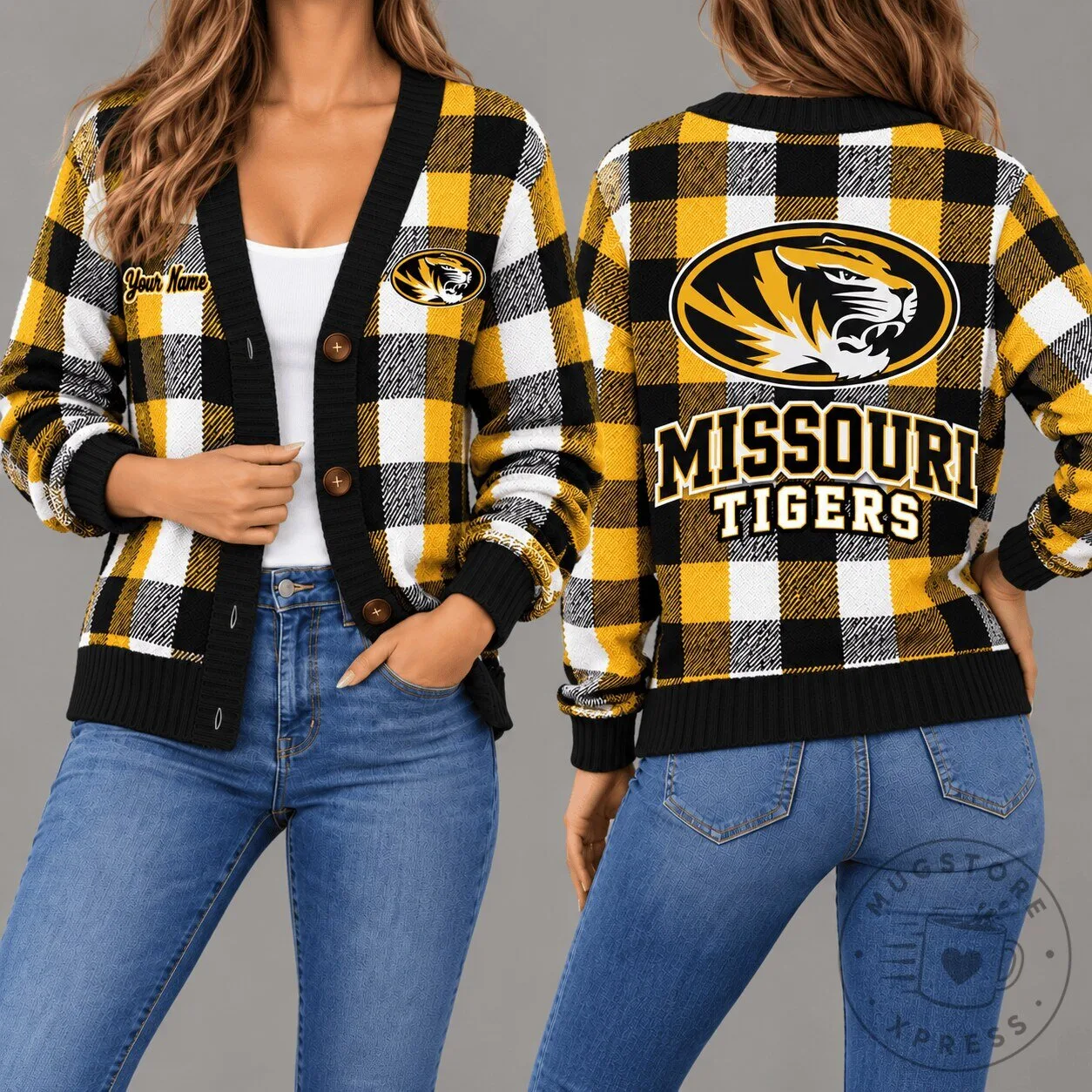 Missouri Tigers Plaid Pattern Custom Name Cardigan Sweater