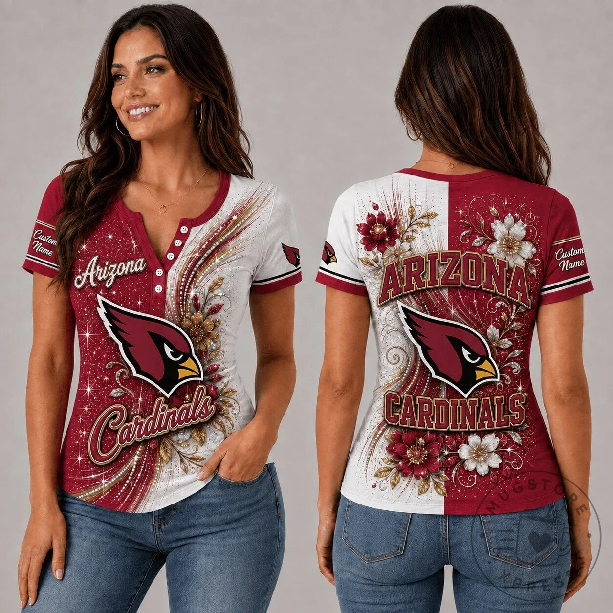 Arizona Cardinals Fan Shirt Women's Personalized Button V-Neck Short Sleeve T-Shirt