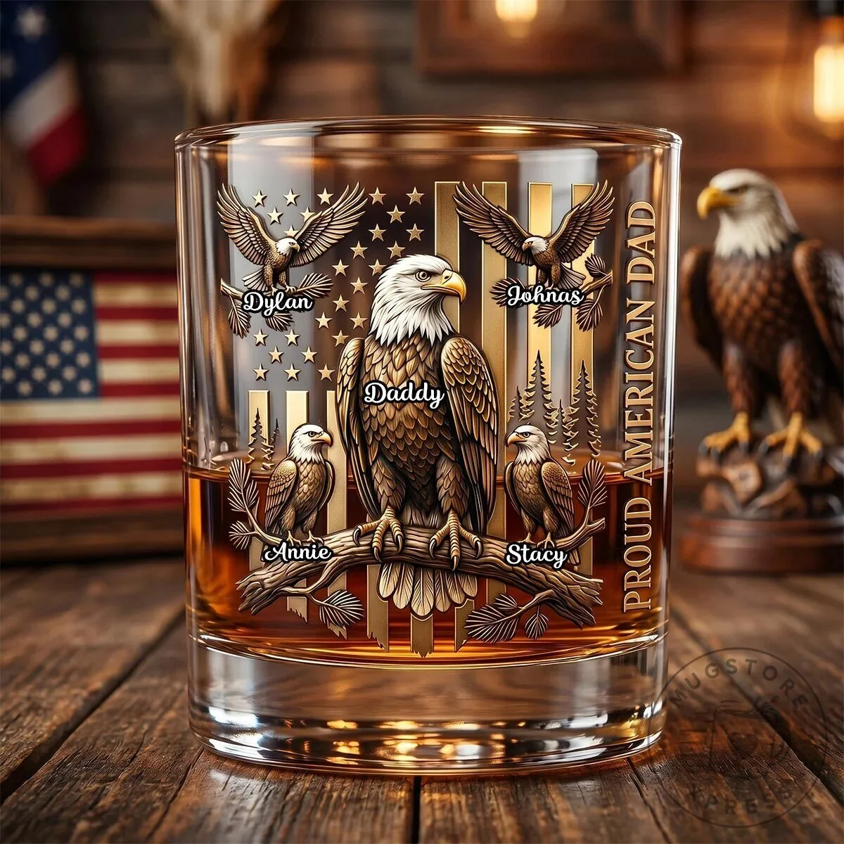 Proud American Dad Personalized Whiskey Glass with Eagle Family Design