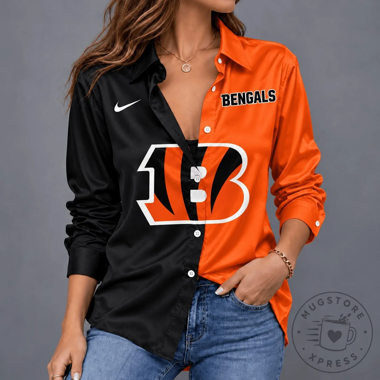 Cincinnati Bengals NFL Team Spirit Black Orange Satin Button Down Shirt