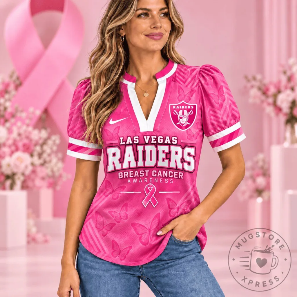 Las Vegas Raiders Breast Cancer Awareness Women's Pink Puff Sleeve Shirt Las Vegas Raiders Breast Cancer Awareness Women's Pink Puff Sleeve Shirt