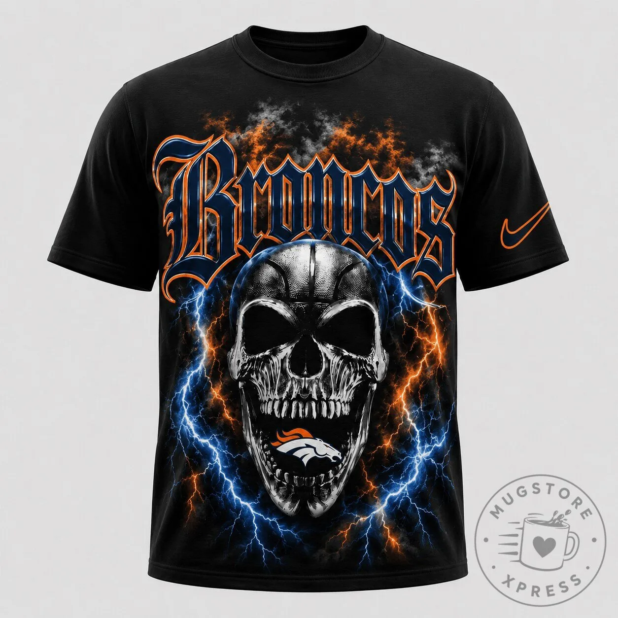 Denver Broncos Skull Lightning Graphic Black T-Shirt