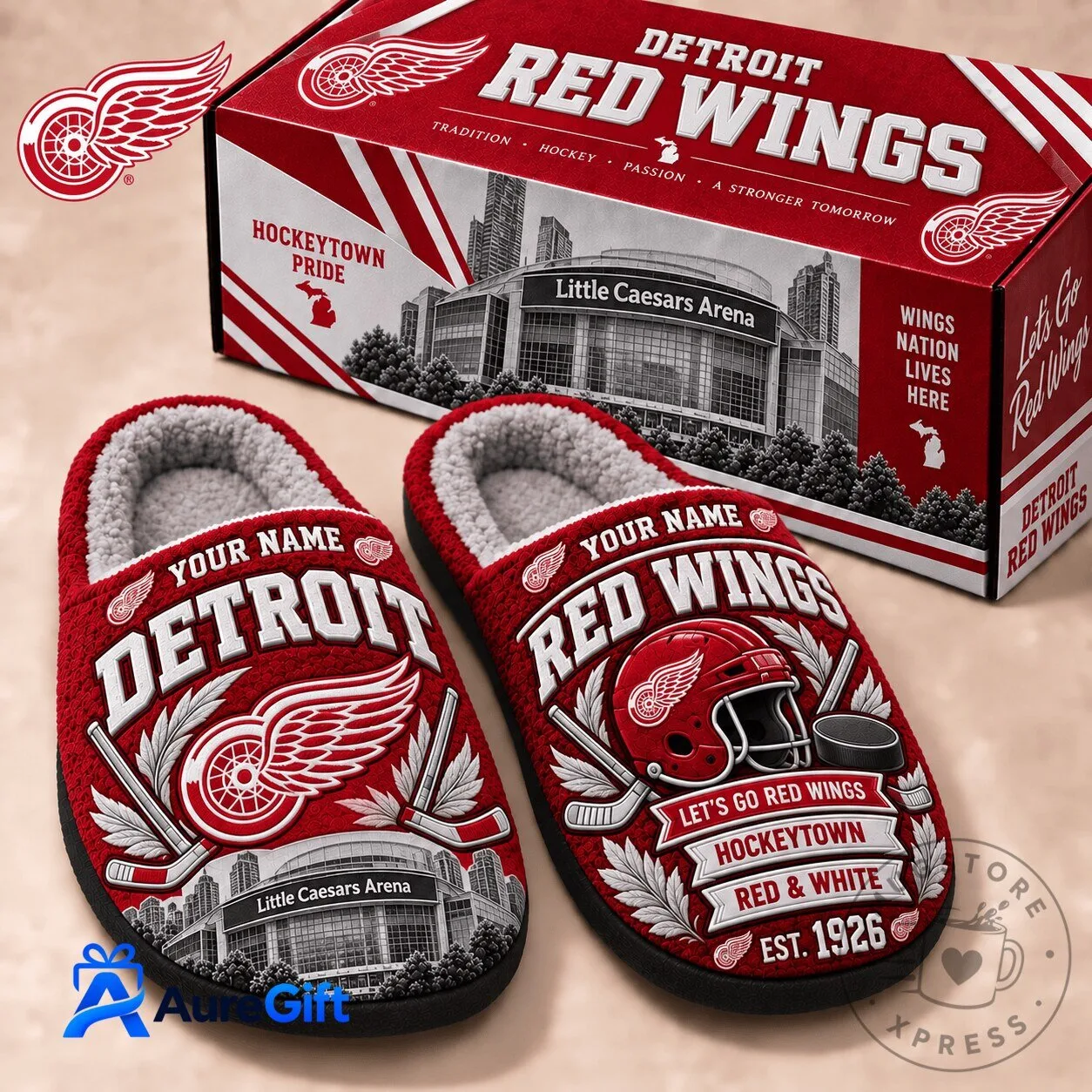 Detroit Red Wings Personalized Hockey Team Logo and Arena Slippers