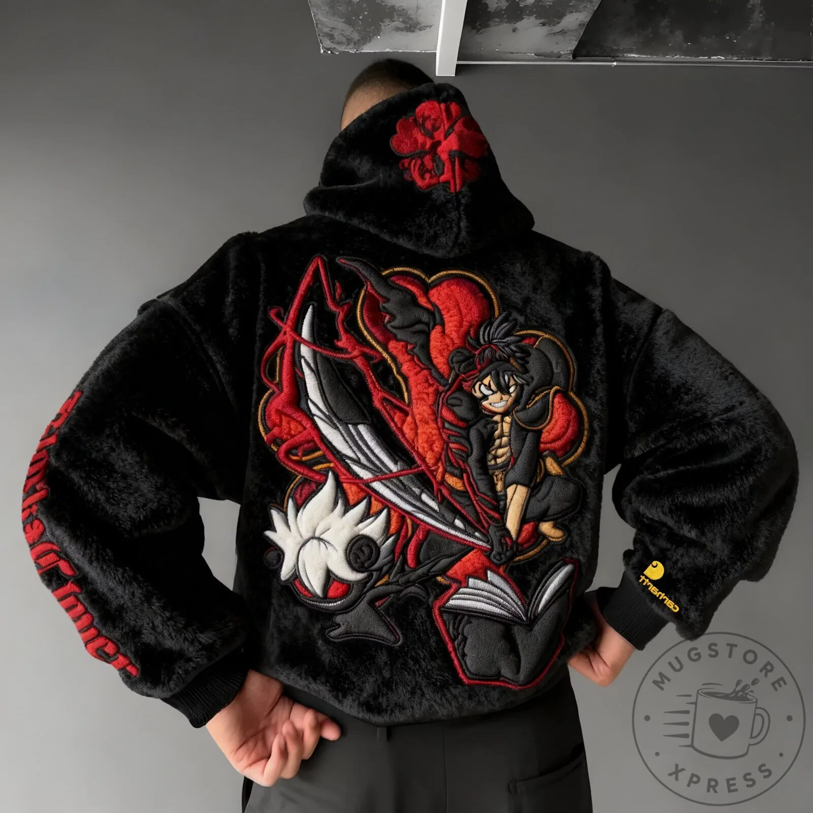 Embroidered Plush Hoodie featuring Asta's Demon Form from Black Clover