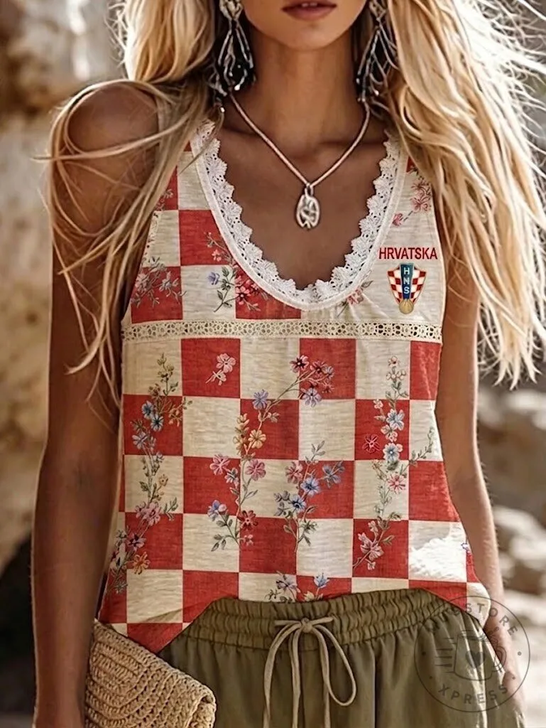 Croatia Checkerboard Floral Lace Trim Tank Top for Women