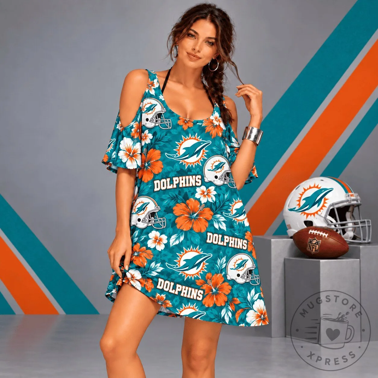 Miami Dolphins Floral Cold Shoulder Dress for Women