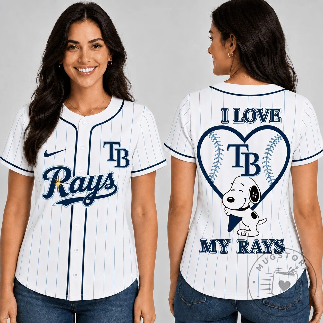 Tampa Bay Rays Baseball Snoopy Heart Love Women's White Pinstripe Baseball Jersey