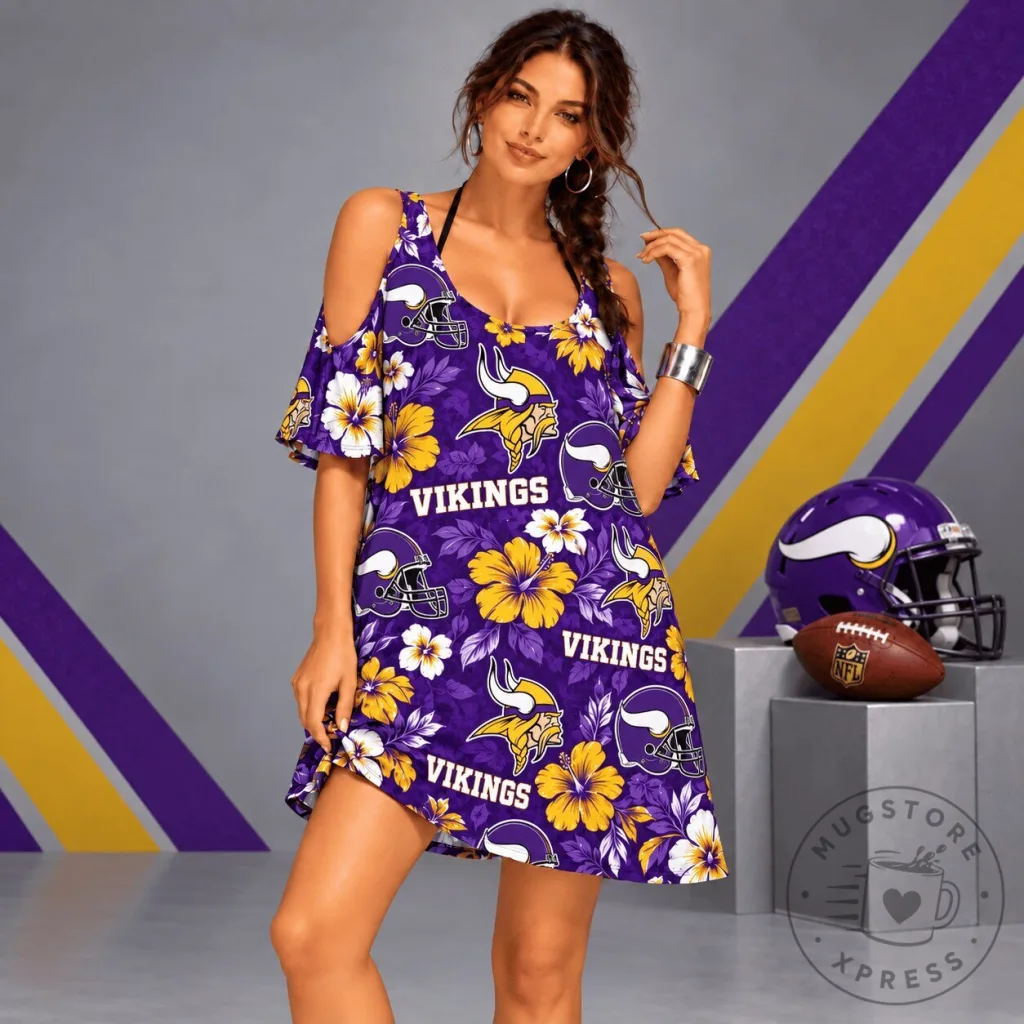 Minnesota Vikings Tropical Floral Cold Shoulder Dress for Women Minnesota Vikings Tropical Floral Cold Shoulder Dress for Women