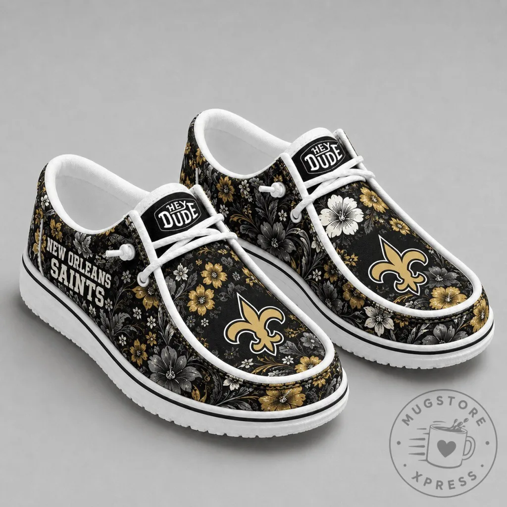 Floral Pattern Loafer Shoes in New Orleans Saints Team Colors Floral Pattern Loafer Shoes in New Orleans Saints Team Colors