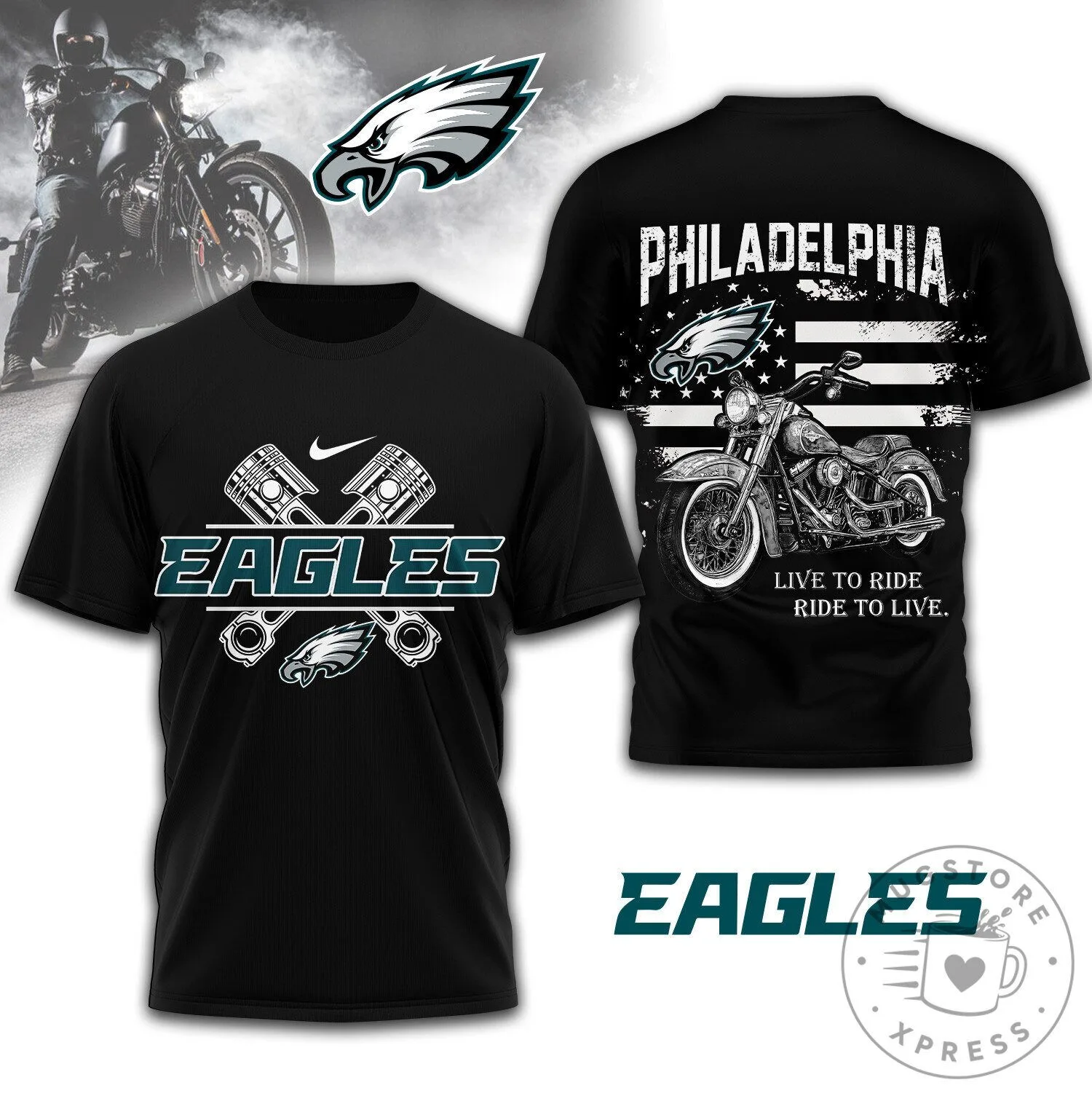 Philadelphia Eagles Motorcycle Engine Piston American Flag Black T-Shirt