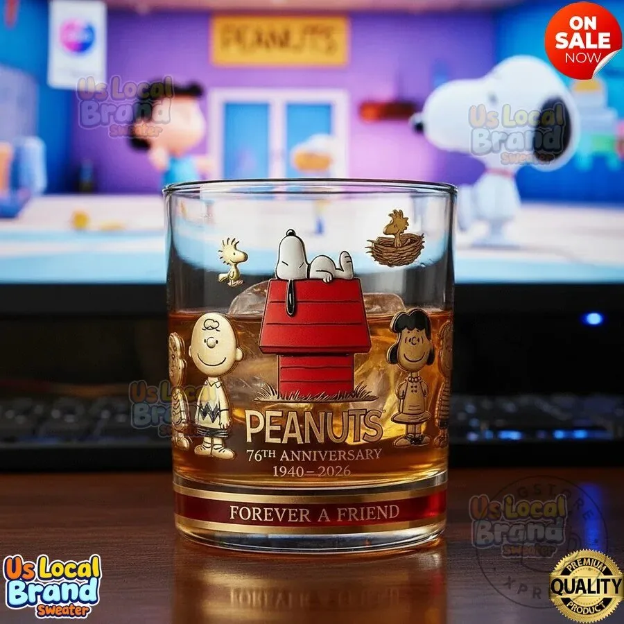 Peanuts Snoopy 76th Anniversary Charlie Brown Forever A Friend Whiskey Glass