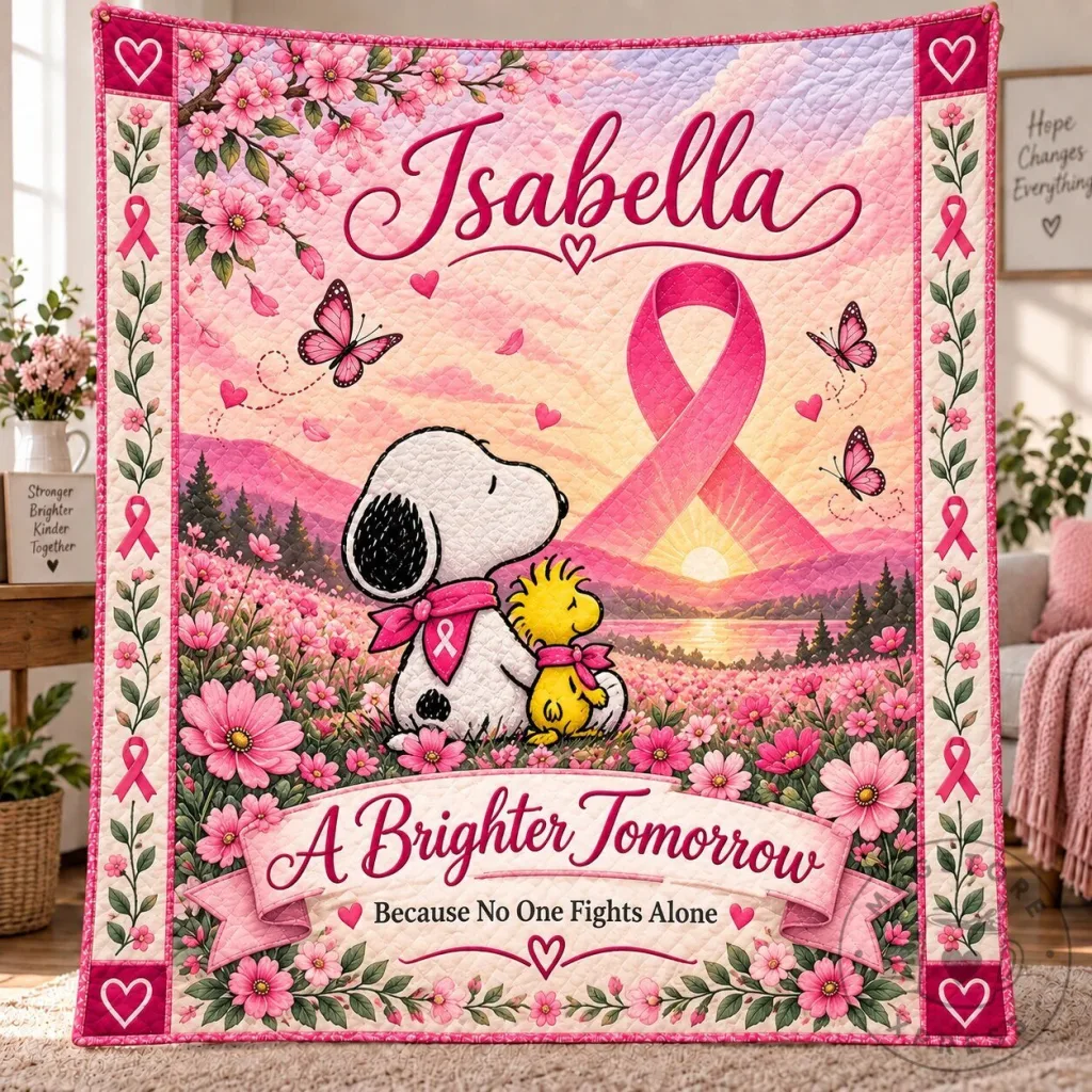 Personalized Snoopy and Woodstock Breast Cancer Awareness Pink Ribbon Quilt Personalized Snoopy and Woodstock Breast Cancer Awareness Pink Ribbon Quilt