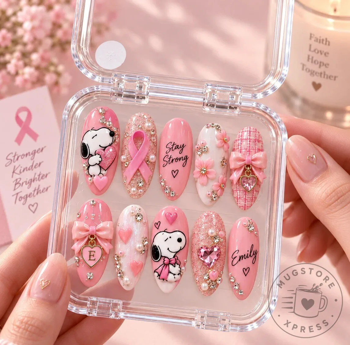 Snoopy Breast Cancer Awareness Personalized Press-On Nails Set
