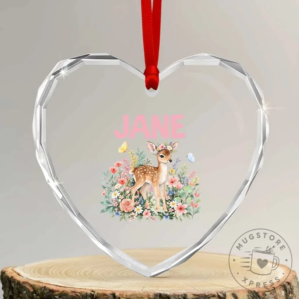 Personalized Jane Floral Deer Heart Crystal Glass Ornament Keepsake