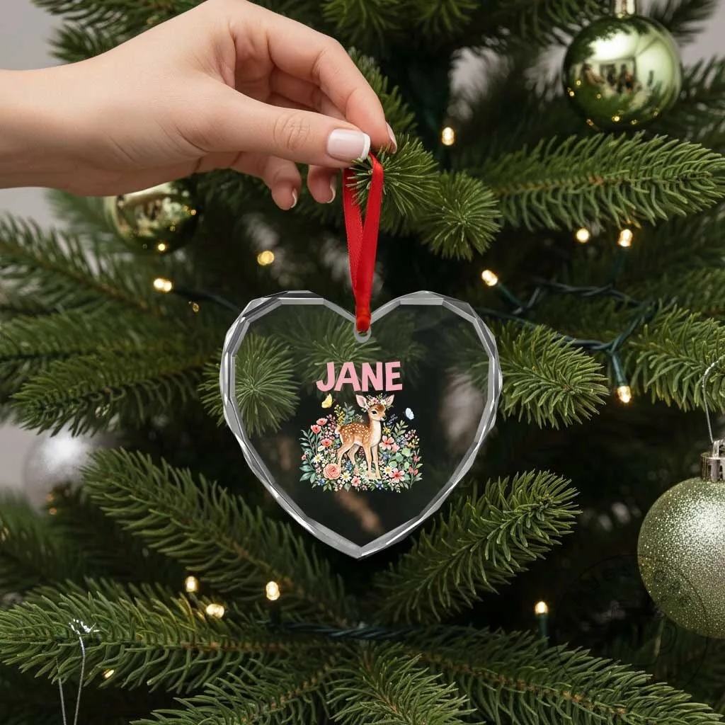 Personalized Jane Floral Deer Heart Crystal Glass Ornament Keepsake 12 Personalized Jane Floral Deer Heart Crystal Glass Ornament Keepsake