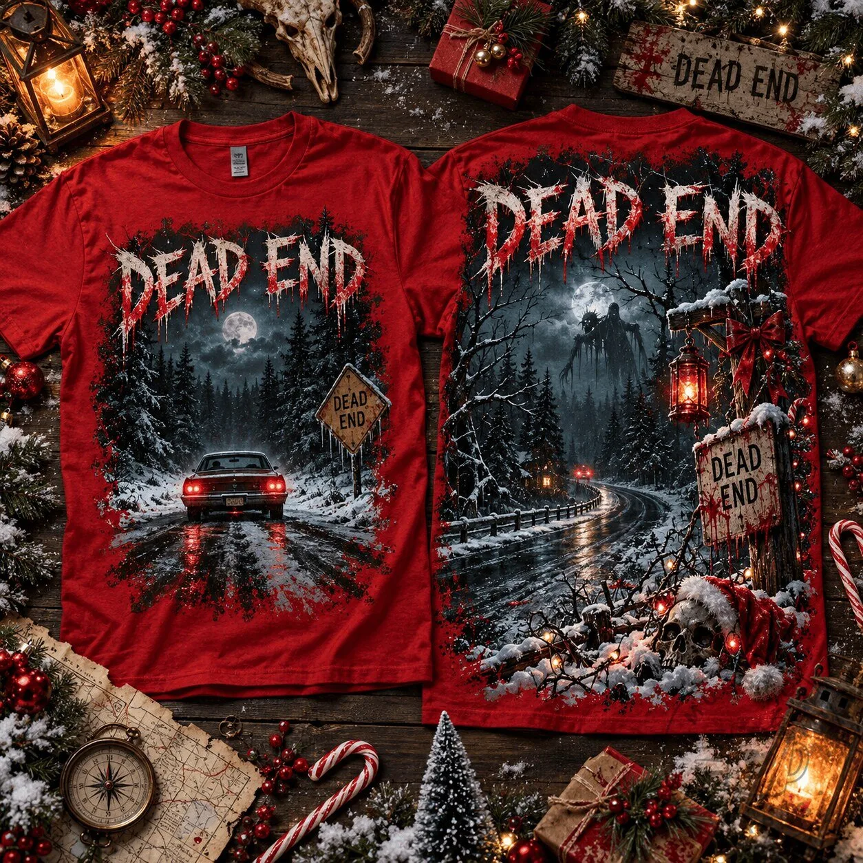 Dead End Snowy Horror Road Full Moon Scary Forest Red T-Shirt