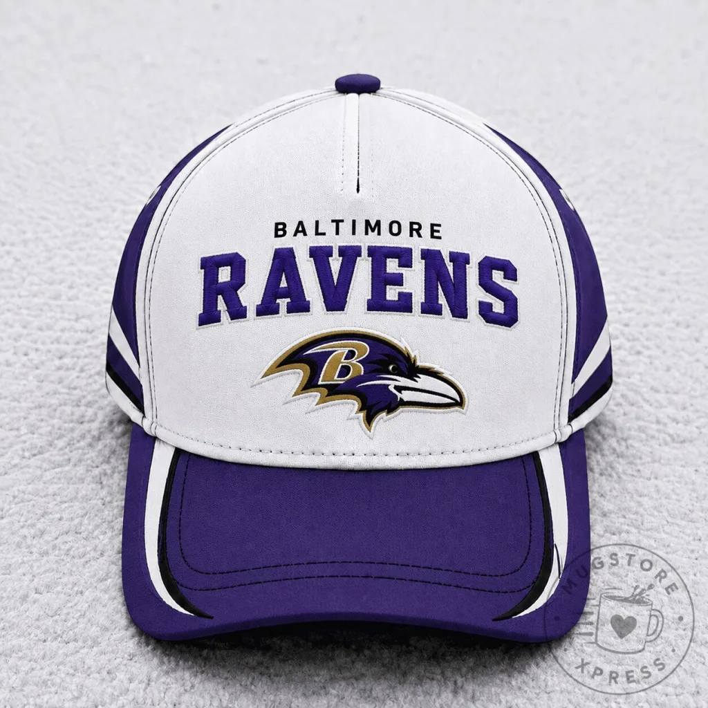 Baltimore Ravens NFL Football Team Logo White and Purple Baseball Cap Hat Baltimore Ravens NFL Football Team Logo White and Purple Baseball Cap Hat