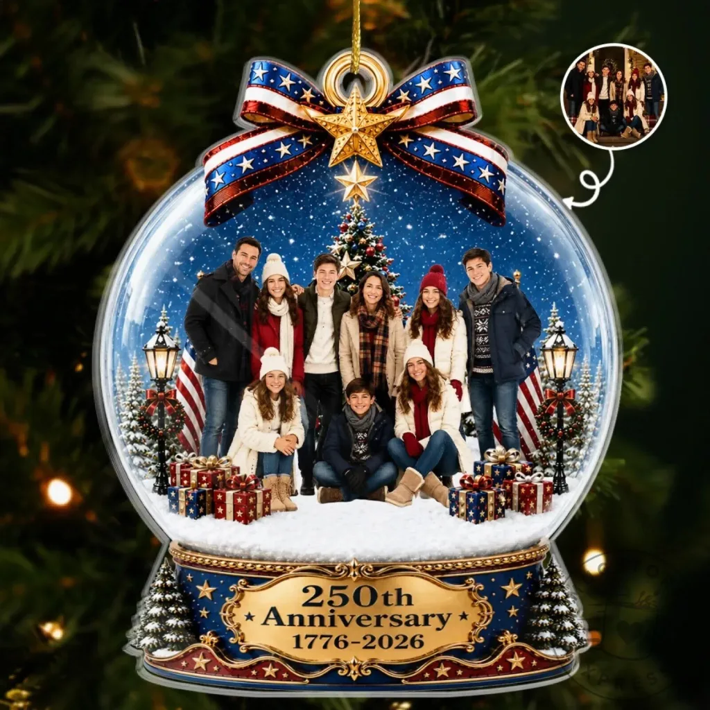 Personalized 250th Anniversary Christmas Snow Globe Family Photo Ornament Personalized 250th Anniversary Christmas Snow Globe Family Photo Ornament