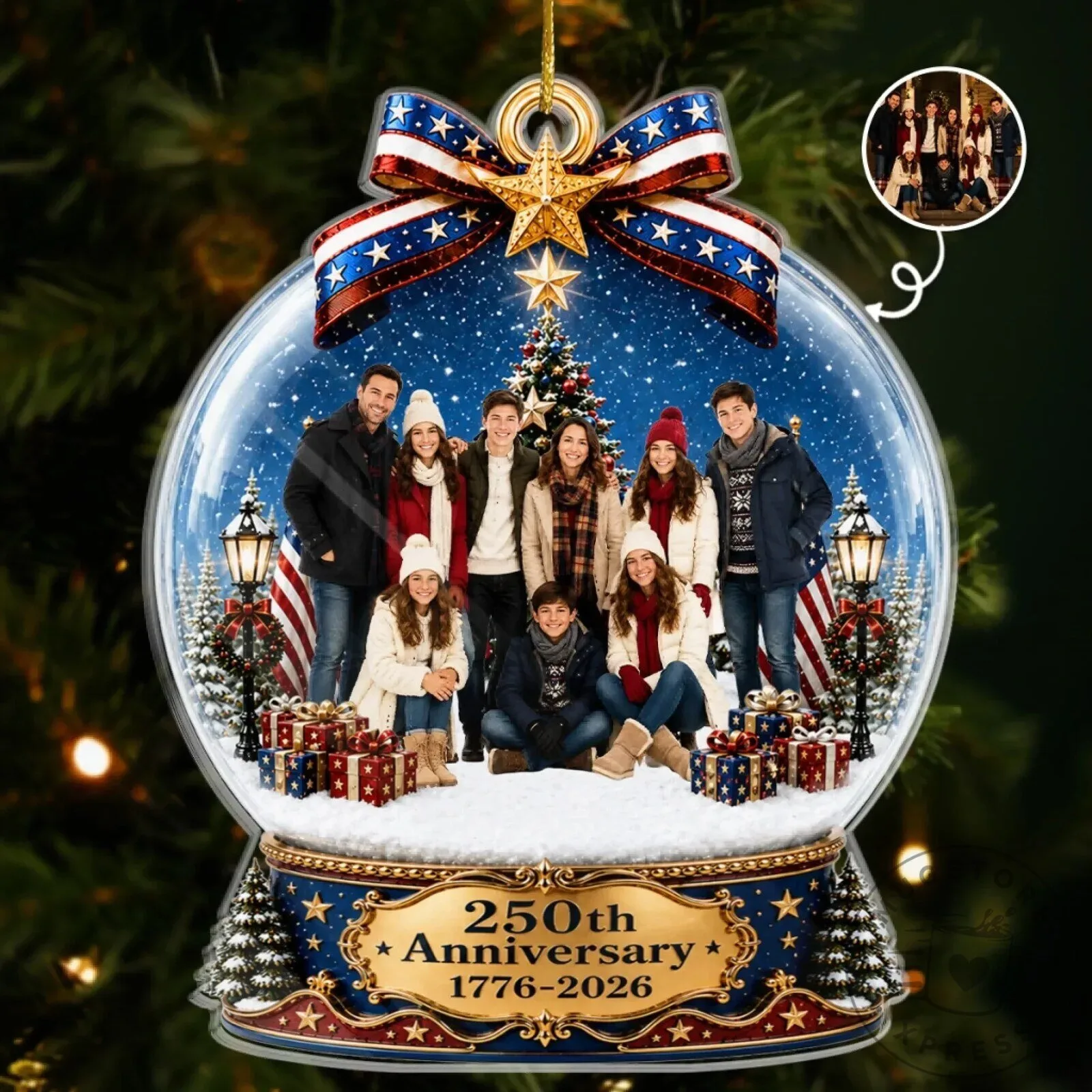 Personalized 250th Anniversary Christmas Snow Globe Family Photo Ornament
