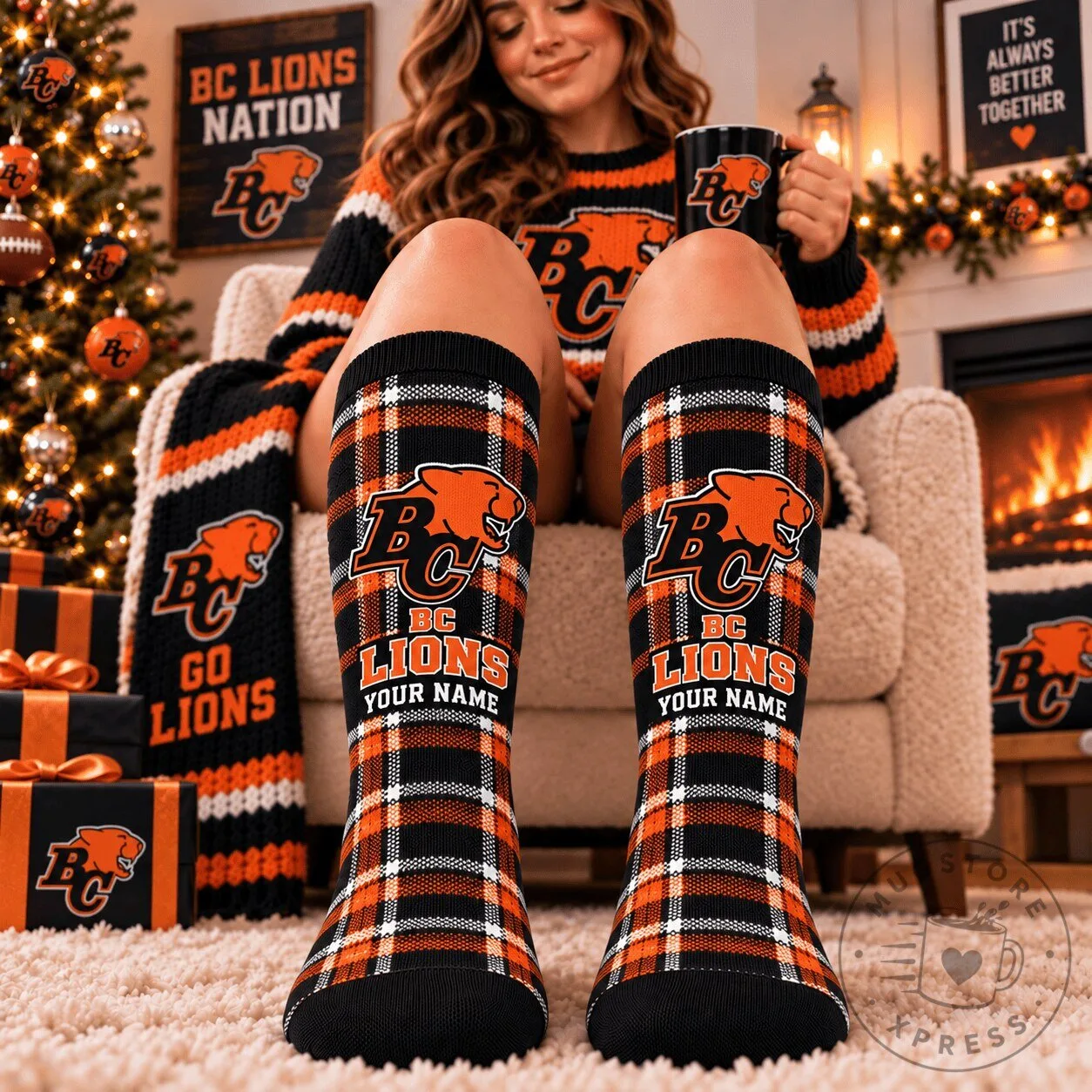 BC Lions CFL Plaid Pattern Custom Name Fan Socks