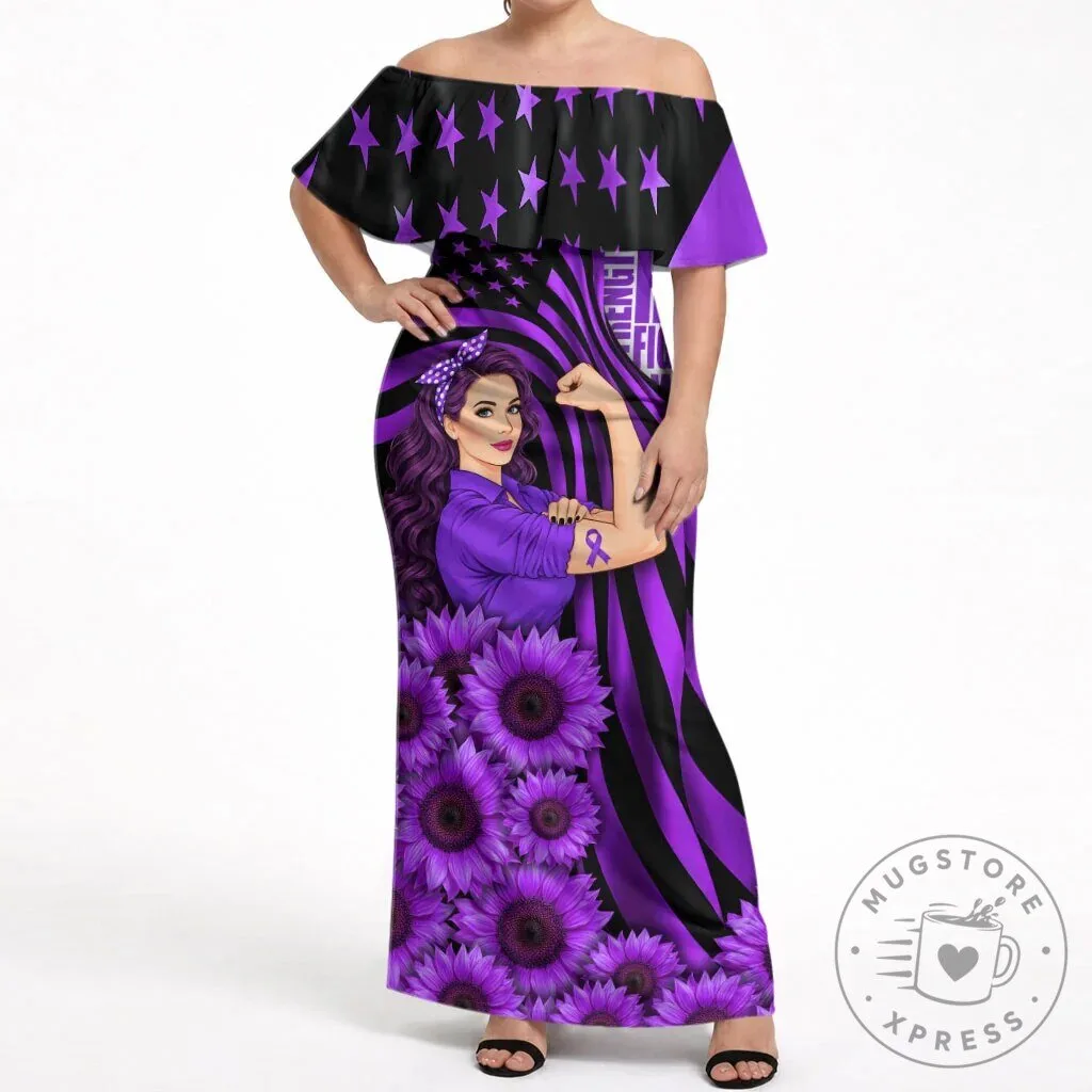 Domestic Violence Awareness Strong Woman Purple Ribbon Sunflower Off Shoulder Maxi Dress