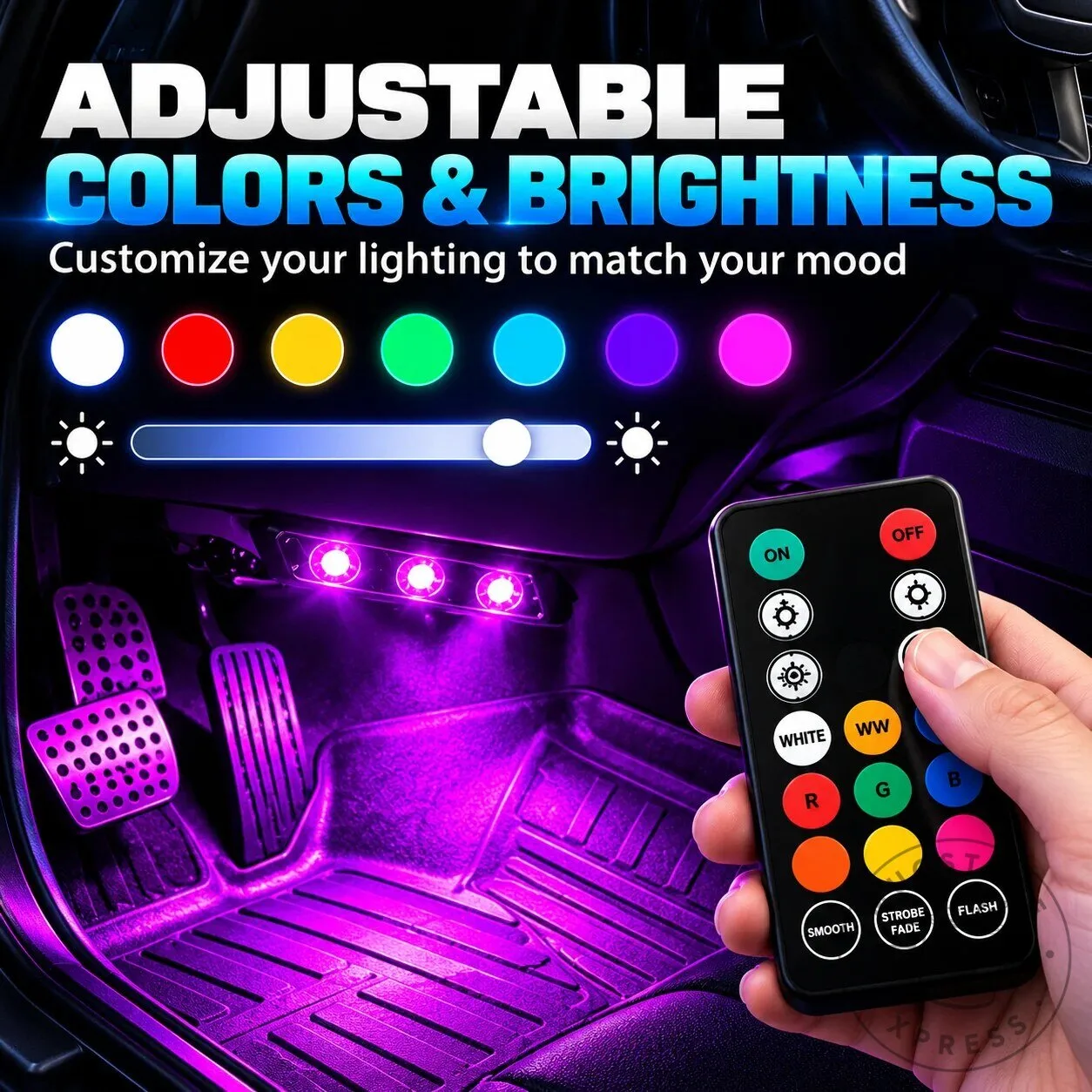 Wireless Car Interior LED Lights with Remote Control, Adjustable Colors and Brightness