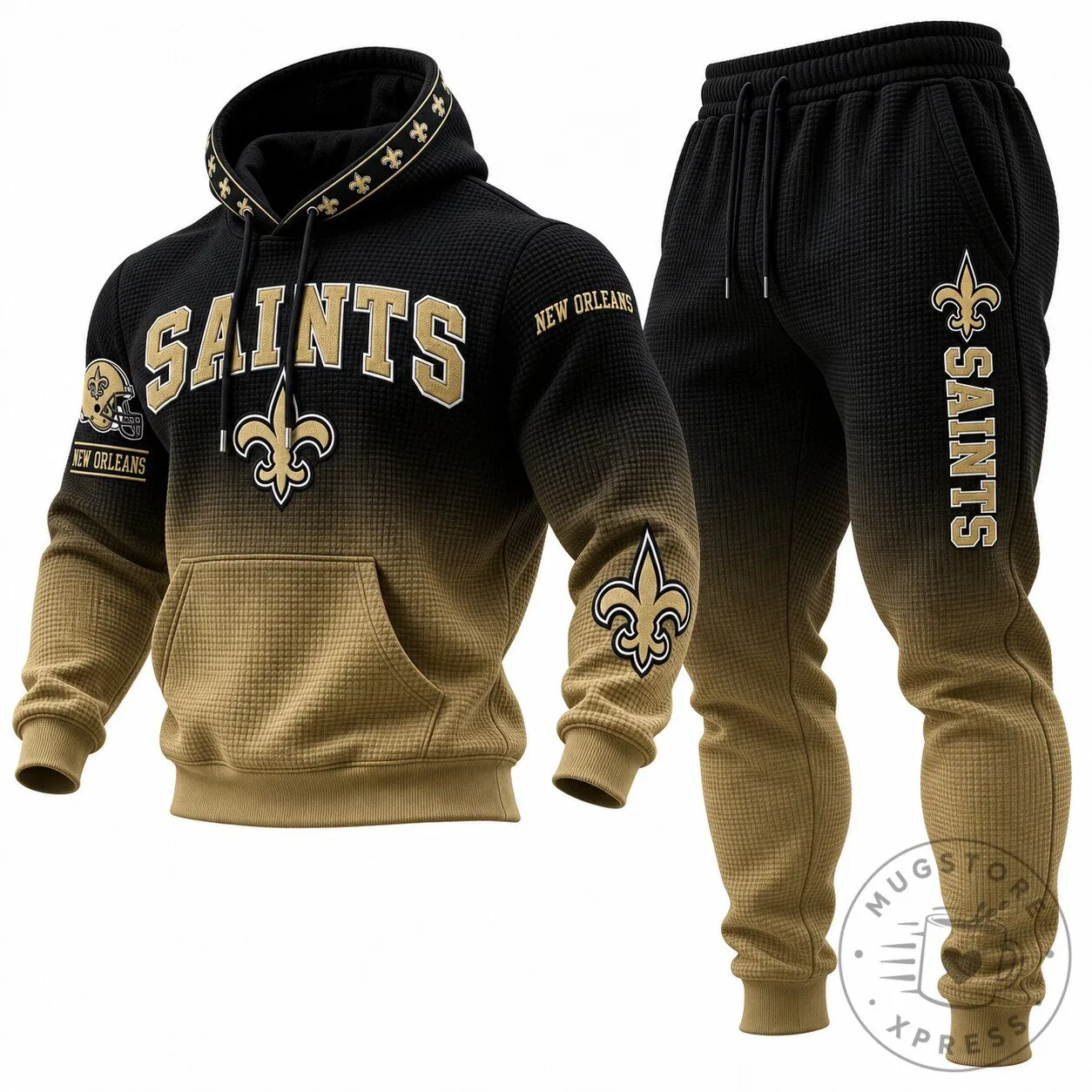 New Orleans Saints Football Team Black Gold Waffle Knit Hoodie