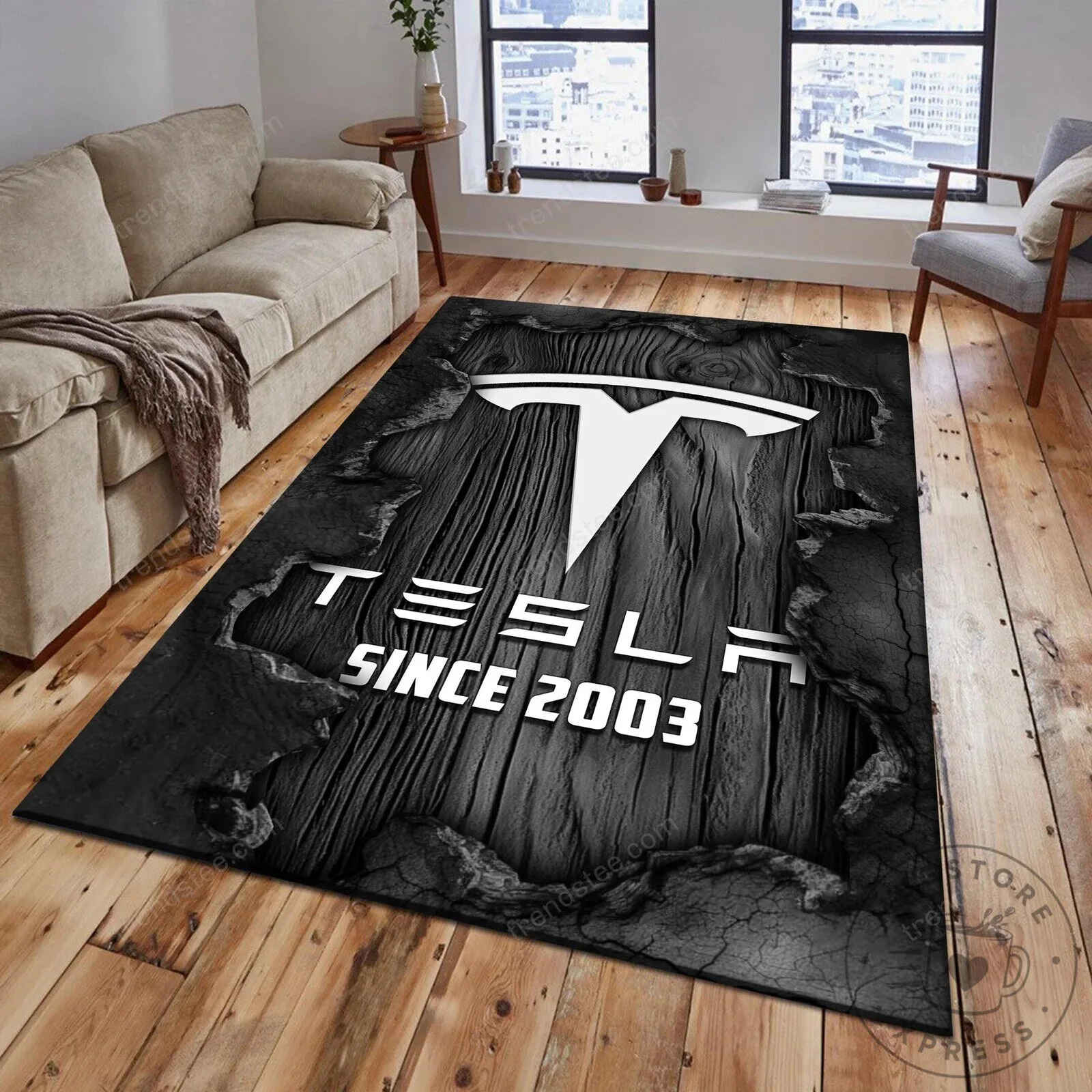 Tesla Since 2003 Logo Black Wood Texture Personalized Welcome Floor Rug
