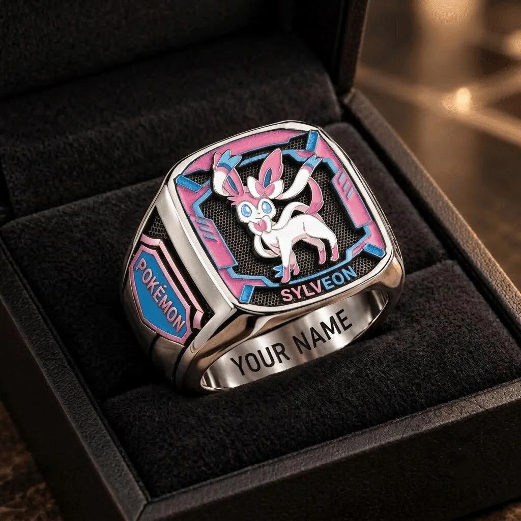 Sylveon Pokemon Custom Engraved Fan Ring for Trainers and Collectors