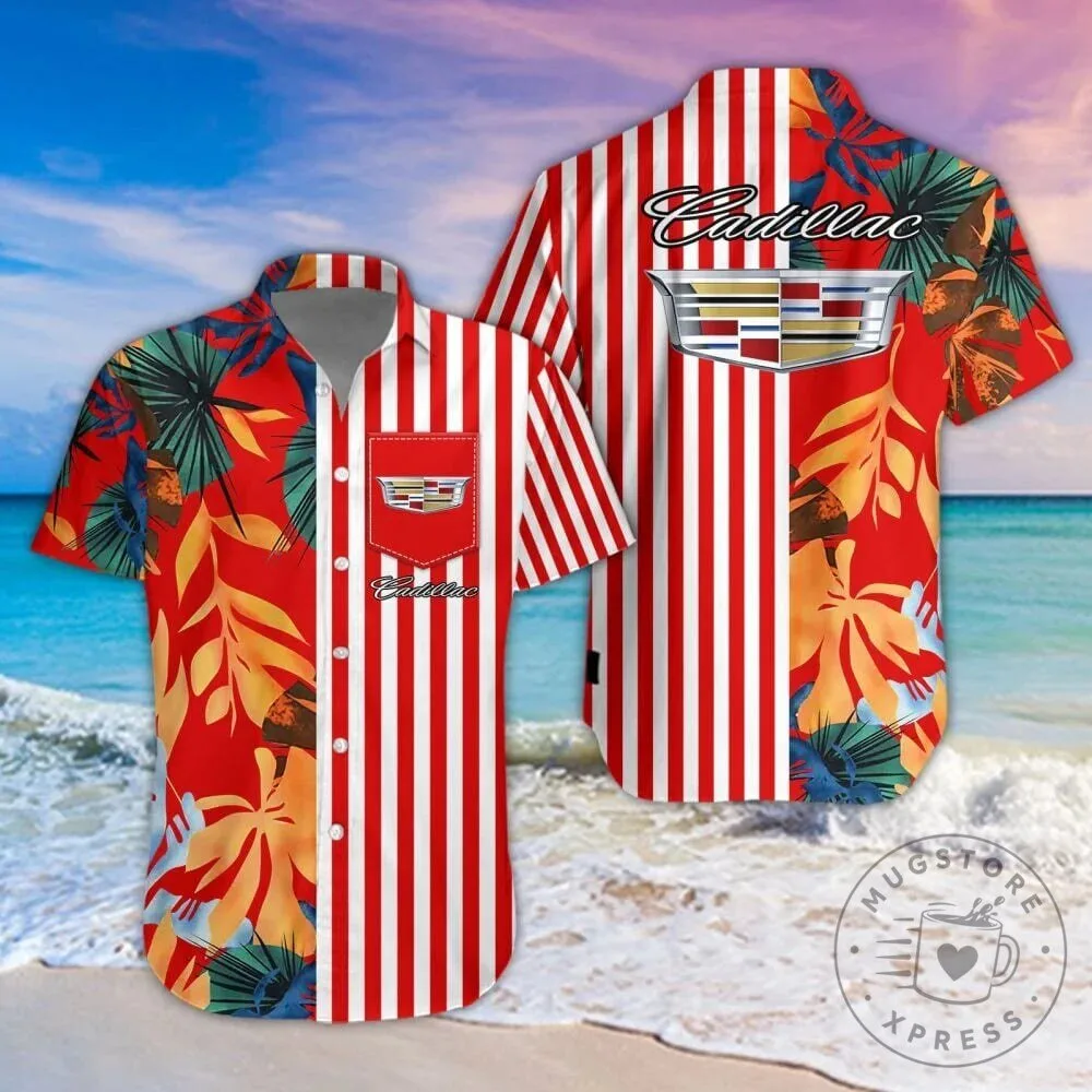Cadillac Logo Red Stripe Tropical Hawaiian Shirt for Men and Women