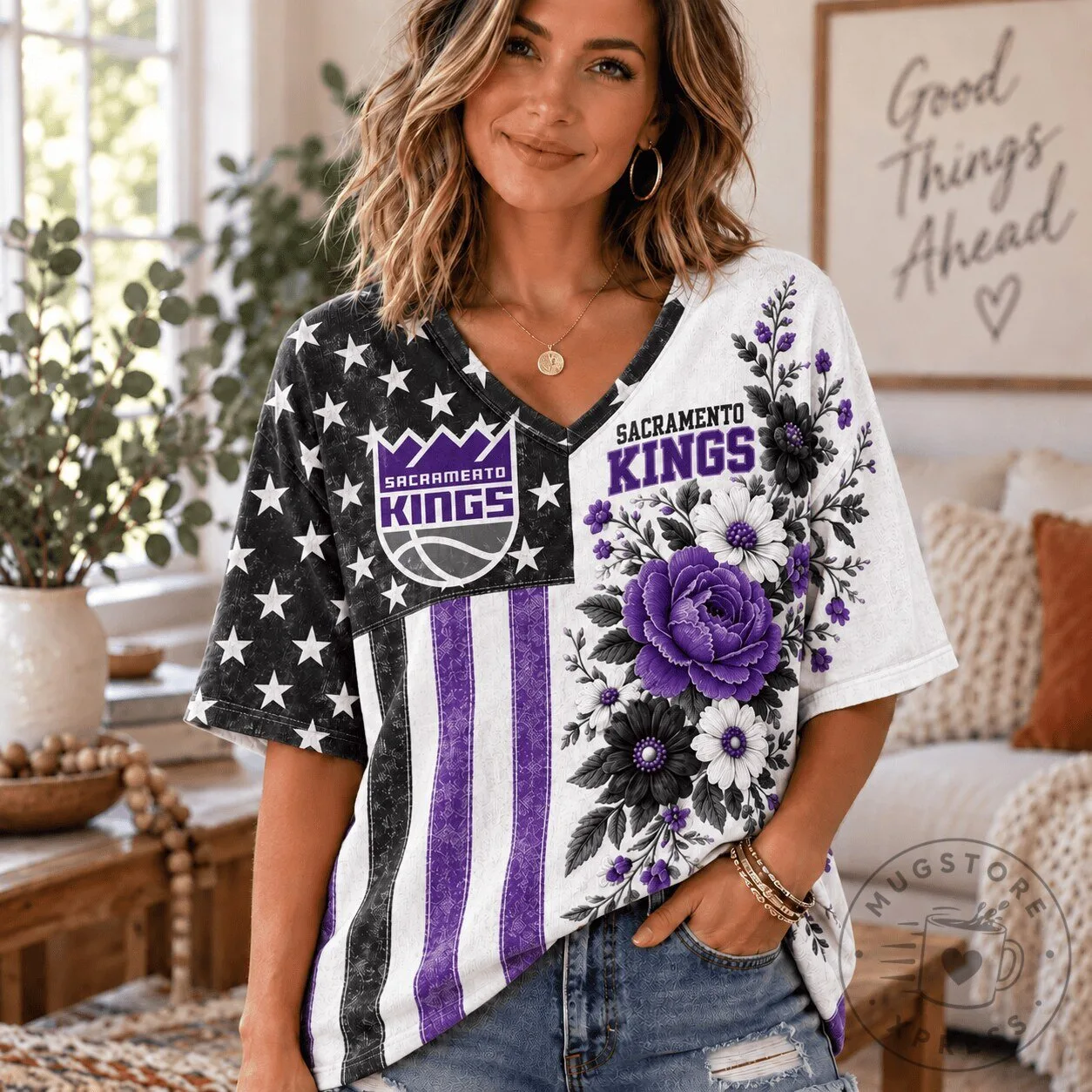 Sacramento Kings NBA Fan Shirt for Women, Floral American Flag V-Neck T-Shirt