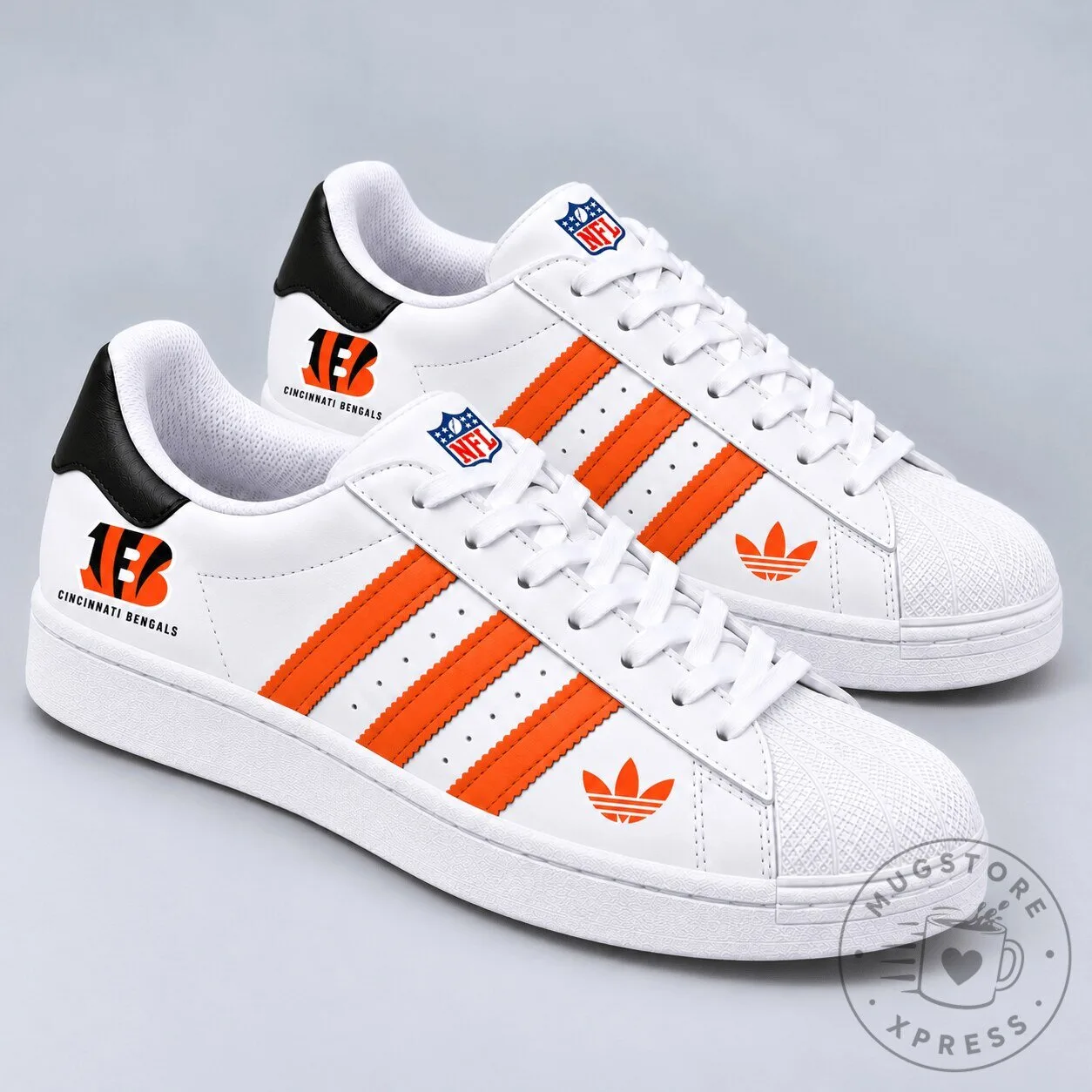 Cincinnati Bengals NFL Team Logo White and Orange Stripe Superstar Shoes