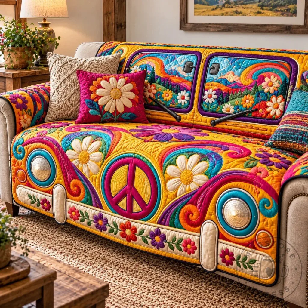 Floral Quilted Sofa Cover featuring a Peace Sign and Hippie Van Design Floral Quilted Sofa Cover featuring a Peace Sign and Hippie Van Design