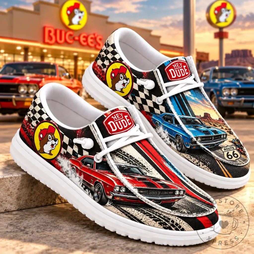 Buc-ee's Neon Road Trip Classic Cars Checkered Pattern Shoes Buc-ee's Neon Road Trip Classic Cars Checkered Pattern Shoes