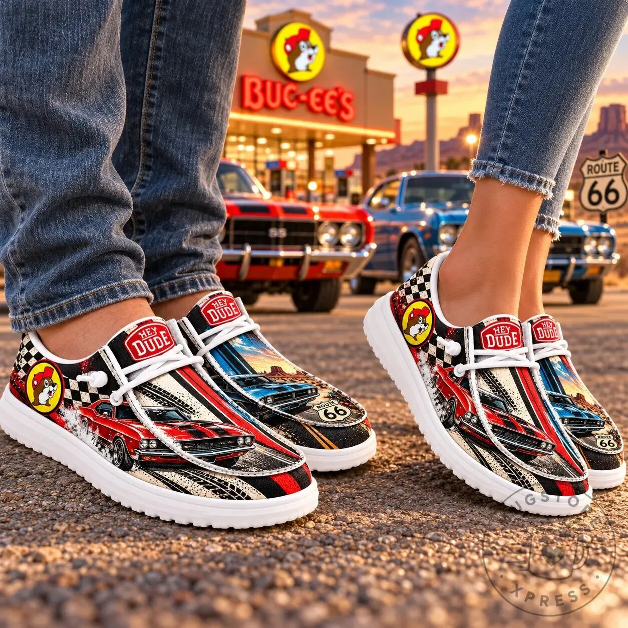 Buc-ee's Neon Road Trip Classic Cars Checkered Pattern Shoes 7 Buc-ee
